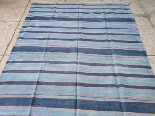 Indigo Blue,Jail Dhurrie(Cotton) Dark Blue-Light Blue Colour with double minaret striped Dhurrie.From Bikaner, Rajasthan. India.C.1850-70.Its size is 166X430cm (Large Size). Condition is very good(20210301_174557).
         