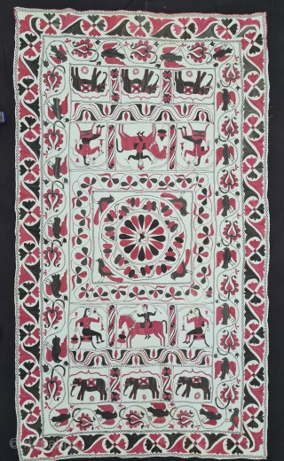 A Very Fine Kantha Quilted and embroidered Cotton Kantha. c. 19th century. 
With the use of two colors black and red, the rectangular textile is divided into various registers and niches, similar  ...