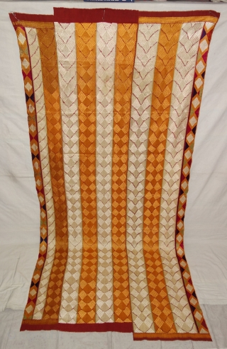 Phulkari From West(Pakistan)Punjab. India.known As Lahariya Design Bagh,With Rare influence of Panch Rangi Side Borders. Handspun cotton plain weave (khaddar) with silk and cotton embroidery.Its size is 115cmX250cm(DSC07878).
     