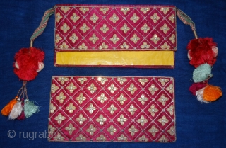 Jain Book Cover with cotton and Silk Tassels,Silver(Real) And gold(Real)gilt embroidery on the Gajji-Silk,.From Kutch,Gujarat. India.C.1900.Its size is 14X26cm,Inside Embroidered Broad size is 13cmX26cm(DSC02411 New).        