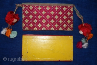 Jain Book Cover with cotton and Silk Tassels,Silver(Real) And gold(Real)gilt embroidery on the Gajji-Silk,.From Kutch,Gujarat. India.C.1900.Its size is 14X26cm,Inside Embroidered Broad size is 13cmX26cm(DSC02411 New).        