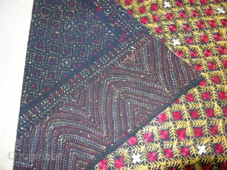 Indigo-Colour Phulkari From East(India)Punjab Region of India. India.Silk on Indigo Dyed Hand Spun Cotton ground.Showing the Rare Influence of Jewelry Figure Dancing Peacock and Birds.C.1900.Its size is 124cmX245cm(DSC05632).
     