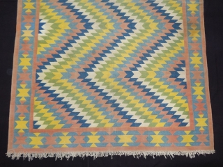 Satrangi-Shatranji (Seven-Colours),Jail Dhurrie(Cotton)Blue And Multi Colour Lahariya Weave Design Dhurrie with Star Design in the Border.From Bikaner, Rajasthan. India.C.1900.Its size is 132X205cm. Condition is very good(DSC05832).
       