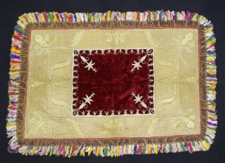 Zardozi Kalabattu Embroidery(Real Zari)Work Velvet Carpet, with real zari frills and cotton threads,This piece Known as Bhichana from the Royal Nawab Family of Uttar Pradesh. India.C.1900.Its size is 93cmX133cm(DSC05285).    