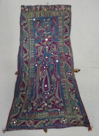 Dowry Bag (cotton) from Saurashtra Region of Gujarat, India. From the Kathi-Darbar Tribe of Gujarat India. Silk Embroidery on the cotton with mirrors and the tassels.C.1900.Its size is 36cmX60cm. Rare Kind of  ...