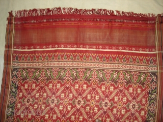 Patola Sari Silk Double ikat.Probably Patan Gujarat.India.19th Century.this Patola sari has the type of geometric,non figurative pattern particularly favoured by the ismaili Muslim merchant community of the Vohras.and its called Vohra-Gaji-Bhat.(Vohra Type  ...