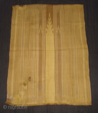 Rafia Ikat Prayer Mat,Of Sakalaya People,West cost of Madagascar,C.1900.Ikat dyed rafia with natural dyes.Its size is 77cmX104cm.Condition,there are fue repairs and some stains(DSC05490 New).         