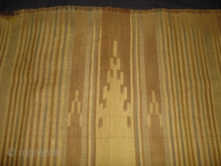 Rafia Ikat Prayer Mat,Of Sakalaya People,West cost of Madagascar,C.1900.Ikat dyed rafia with natural dyes.Its size is 77cmX104cm.Condition,there are fue repairs and some stains(DSC05490 New).         