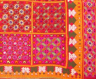 Dowry cloth,Mahar group,From Jaisalmer District of Rajasthan.India.Cotton embroidered with silk and cotton with mirrors.Its size is 75cmX86cm(DSC01450 New).               