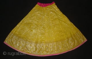 Ghaghra (Skirt) From Rajasthan, India. Made of Silver Tinsel on Yellow Malmal Cloth.This were traditionally used mainly by Rajput family of Rajasthan.Its size is L-88cm Around-270cm(DSC05147 New).      