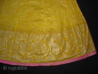 Ghaghra (Skirt) From Rajasthan, India. Made of Silver Tinsel on Yellow Malmal Cloth.This were traditionally used mainly by Rajput family of Rajasthan.Its size is L-88cm Around-270cm(DSC05147 New).      