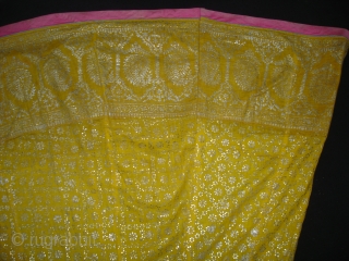 Ghaghra (Skirt) From Rajasthan, India. Made of Silver Tinsel on Yellow Malmal Cloth.This were traditionally used mainly by Rajput family of Rajasthan.Its size is L-88cm Around-270cm(DSC05147 New).      