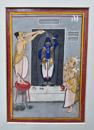 An Rare Miniature Painting of Mangala Sanan Of Shrinathji.

From The Bundi Districts of Rajasthan. India.

Opaque watercolor on paper With Gold Work.

C.1850 - 1875

Its size is 15cmX20cm (20240519_161240).      