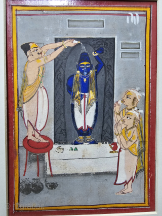 An Rare Miniature Painting of Mangala Sanan Of Shrinathji.

From The Bundi Districts of Rajasthan. India.

Opaque watercolor on paper With Gold Work.

C.1850 - 1875

Its size is 15cmX20cm (20240519_161240).      