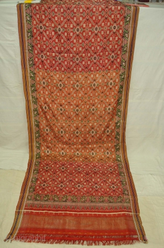 Patola Sari Silk Double ikat.Probably Patan Gujarat. India. this Patola sari has the type of geometric,non figurative pattern particularly favored by the ismaili Muslim merchant community of the Vohras.And its called Vohra-Gaji-Bhat.(Vohra  ...