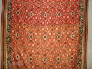 Patola Sari Silk Double ikat.Probably Patan Gujarat. India. this Patola sari has the type of geometric,non figurative pattern particularly favored by the ismaili Muslim merchant community of the Vohras.And its called Vohra-Gaji-Bhat.(Vohra  ...