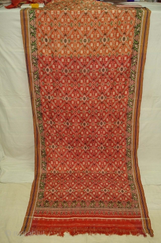 Patola Sari Silk Double ikat.Probably Patan Gujarat. India. this Patola sari has the type of geometric,non figurative pattern particularly favored by the ismaili Muslim merchant community of the Vohras.And its called Vohra-Gaji-Bhat.(Vohra  ...