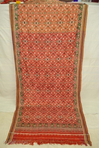 Patola Sari Silk Double ikat.Probably Patan Gujarat. India. this Patola sari has the type of geometric,non figurative pattern particularly favored by the ismaili Muslim merchant community of the Vohras.And its called Vohra-Gaji-Bhat.(Vohra  ...