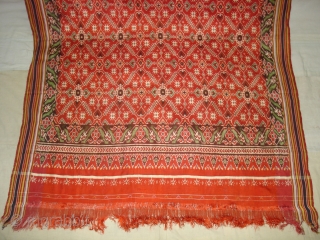 Patola Sari Silk Double ikat.Probably Patan Gujarat. India. this Patola sari has the type of geometric,non figurative pattern particularly favored by the ismaili Muslim merchant community of the Vohras.And its called Vohra-Gaji-Bhat.(Vohra  ...