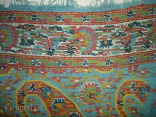 Jamawar Moon shawl from Kashmir India.It has been made Highly Sikh Period Around ,1850 Century.Its very Rare in colour torques And rare in Design.Condition is very good.Its size is 178cmX178cm(DSC04089 New).  