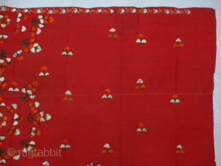 Abochhini Wedding Shawl from Sindh Region of Undivided India. India Silk Embroidery on the Cotton,With Stamp Mark showing the Company name Ellinger Mohatta & Co.Real Turkey Red. c.1900.Its size is 110cmX210cm(DSC05936).
  