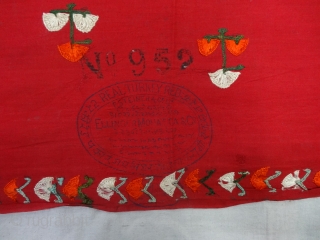 Abochhini Wedding Shawl from Sindh Region of Undivided India. India Silk Embroidery on the Cotton,With Stamp Mark showing the Company name Ellinger Mohatta & Co.Real Turkey Red. c.1900.Its size is 110cmX210cm(DSC05936).
  