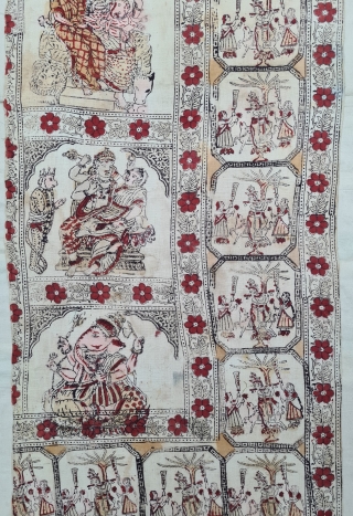 Ceremonial Ramayana And Krishna , Chintz Kalamkari , Hand-Drawn Mordant-And Resist-Dyed Cotton, From Gujarat . India. India. 

 C.1825 -1850.

Exported to the South-East-Asian Market.

Its size is 60cmX255cm(20220623_121333).      