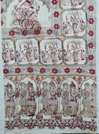 Ceremonial Ramayana And Krishna , Chintz Kalamkari , Hand-Drawn Mordant-And Resist-Dyed Cotton, From Gujarat . India. India. 

 C.1825 -1850.

Exported to the South-East-Asian Market.

Its size is 60cmX255cm(20220623_121333).      