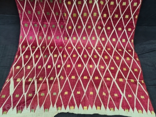 Thirma Phulkari From West(Pakistan)Punjab. India. India.Untwisted Floss silk on hand spun  white cotton  ground cloth. Early 19th Century. Its size is 120cmX245cm(20210703_151517).         