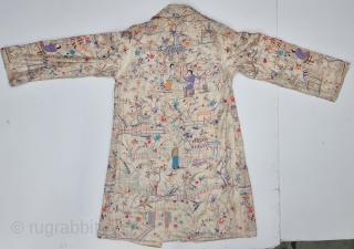An Unique Chinese Art Embroidered Coat with lavish pastel hand embroidered Chinese Monk, Ladies, Monastery with  Gardens , Trees and birds amidst deep foliate patterns throughout. 2 button coat style with  ...