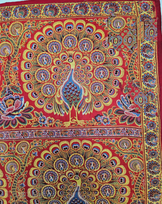 Manchester Print Pichwai of Dancing Peacock From Manchester England made for Indian Market. India. Roller Printed on Cotton.

C.1900.

Its size is 88cmX100cm (20240626_151546).           