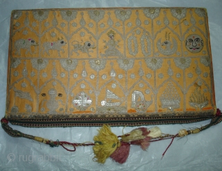 Jain Book Cover,Real Zari Aari Embroidery on the Satin Silk,From Gujarat India.Circa 1900.Its size is 7X30cm.Its Much more better Piece from the Picture(DSC00661 New).         