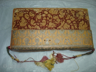 Jain Book Cover,Real Zari Aari Embroidery on the Satin Silk,From Gujarat India.Circa 1900.Its size is 7X30cm.Its Much more better Piece from the Picture(DSC00661 New).         