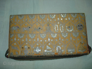 Jain Book Cover,Real Zari Aari Embroidery on the Satin Silk,From Gujarat India.Circa 1900.Its size is 7X30cm.Its Much more better Piece from the Picture(DSC00661 New).         