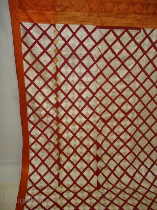 Phulkari From West(Pakistan)Punjab.India.known As Chand Bagh.This were mainly used as Woman's head-cover(bagh).Showing the Beautiful Mehrab(Prayer Arch)Design In the Borders.Very Rare Design Bagh(DSC08680 New).          