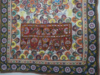 Dharaniya Wall-Hanging With floral Designs and embroidered border, From the Kutch Gujarat, India. Belongs to Rabari Shepherd group of Kutch. Its size is 106cmX160cm (DSC06515).        