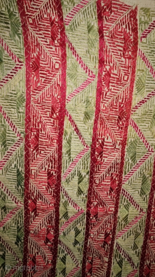 Thirma abstract Bagh-Phulkari From West(Pakistan)Punjab. India. Known As Wedding Thirma Bagh. Rare Influence of showing the flowers garden of Punjab. c.1900. Its size is 131cmX250cm(DSC07974).
        