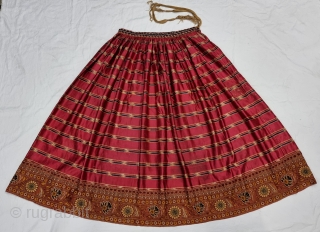 An very Rare Mochi Bharat Embroidery With Ikat Mashru Ghaghra Skirt , This Mashru weaving was done in the Mandvi Kutch Region Of Gujarat, North-West India,Its  Wave Design Silk And Cotton Ikat  ...