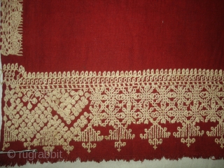 Odhana Double Sided Embroidery (Phulkari Chop Type) On Khadi Cotton. From Hanumangarh District Of Rajasthan Or Sirsa District Haryana.  India. Belongs to Bishnoi Jath Group.Natural Colours.C.1900. Its Size is 140cmX190cm(DSC02952 New). 