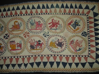 Embroidery Kantha Rumal From Midnapore District of west Bengal India.Showing the twelve different avatars of lord Vishnu.Its size is 27cmX56cm(DSC04880 New).            