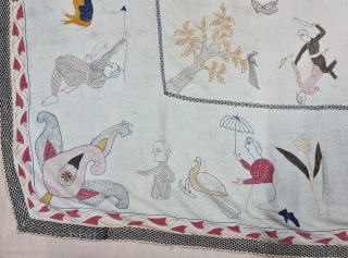 An Rare Folk Embroidery Kantha, Showing the Different Kind of Folk Stories of Bengal and British India Period.
Very Fine  embroidered cotton Kantha Probably from Jessore Region of East (Bangladesh)  Undivided  ...