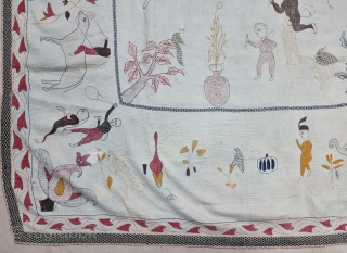 An Rare Folk Embroidery Kantha, Showing the Different Kind of Folk Stories of Bengal and British India Period.
Very Fine  embroidered cotton Kantha Probably from Jessore Region of East (Bangladesh)  Undivided  ...