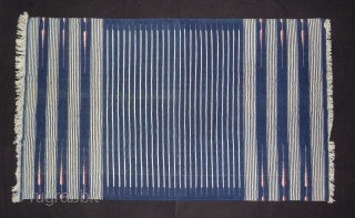 Indigo Blue,Jail Dhurrie(Cotton)Blue-White striped with mahi motif. Bikaner, Rajasthan. India.C.1900.Its size is 110X190cm. Condition is very good(DSC03639).                