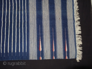 Indigo Blue,Jail Dhurrie(Cotton)Blue-White striped with mahi motif. Bikaner, Rajasthan. India.C.1900.Its size is 110X190cm. Condition is very good(DSC03639).                