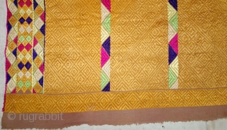 Phulkari from West (Pakistan) Punjab. India. Known as Vari-Da-Bagh, With Rare influence of Panch Rangi Lahariya borders in the middle and side border. C.1900.Floss silk on hand spun cotton ground cloth. Its  ...