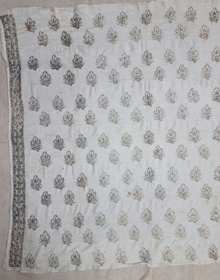 Mughal Ceremonial Mukaish Work Dupatta From Lucknow Uttar Pradesh India. Real Zari (Gold) Embroidery on the Cotton.  
Mukaish  is an Arabicized word driven from the Hindi word Kesh, which means hairs. Mukaish  h is also known as badla and fardi work.The Mukaish work with smaller stitch was also  ...