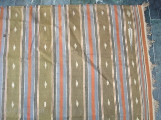 Jail Dhurrie(Cotton)Multi-colored striped with mahi motif.Kutch Gujarat India. Its size is 118X203cm.Condition is very good(DSC06232 New).                 