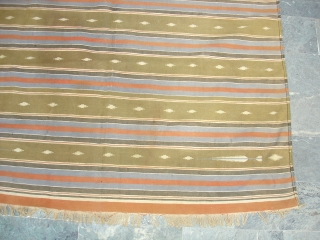 Jail Dhurrie(Cotton)Multi-colored striped with mahi motif.Kutch Gujarat India. Its size is 118X203cm.Condition is very good(DSC06232 New).                 