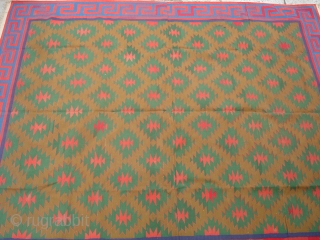 Jail Dhurrie(Cotton)from Bikaner,Rajsthan,India.known as Blossom Dhurrie with stepped diamonds and key Border.Its size is 240cm x 295cm.Perfect in the condition.Very rare design Dhurrie(DSC06192 New).         