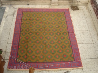 Jail Dhurrie(Cotton)from Bikaner,Rajsthan,India.known as Blossom Dhurrie with stepped diamonds and key Border.Its size is 240cm x 295cm.Perfect in the condition.Very rare design Dhurrie(DSC06192 New).         